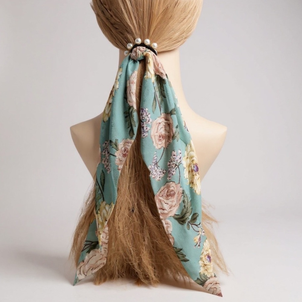 Retro Floral Scarf Hair Tie with Faux Pearls